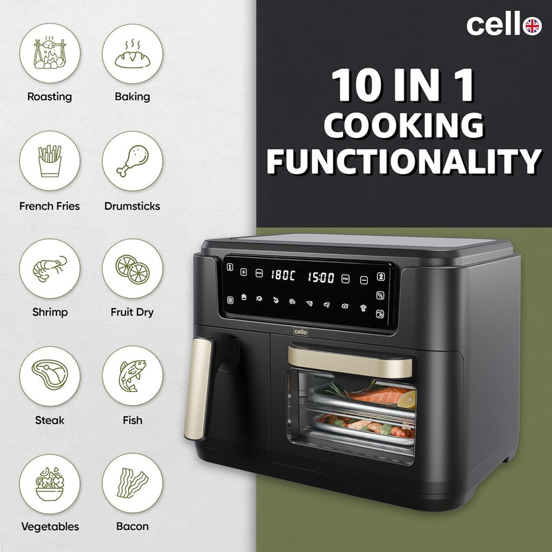 Cello 11 Litre 2-in-1 Double Basket Air Fryer & Oven - Black