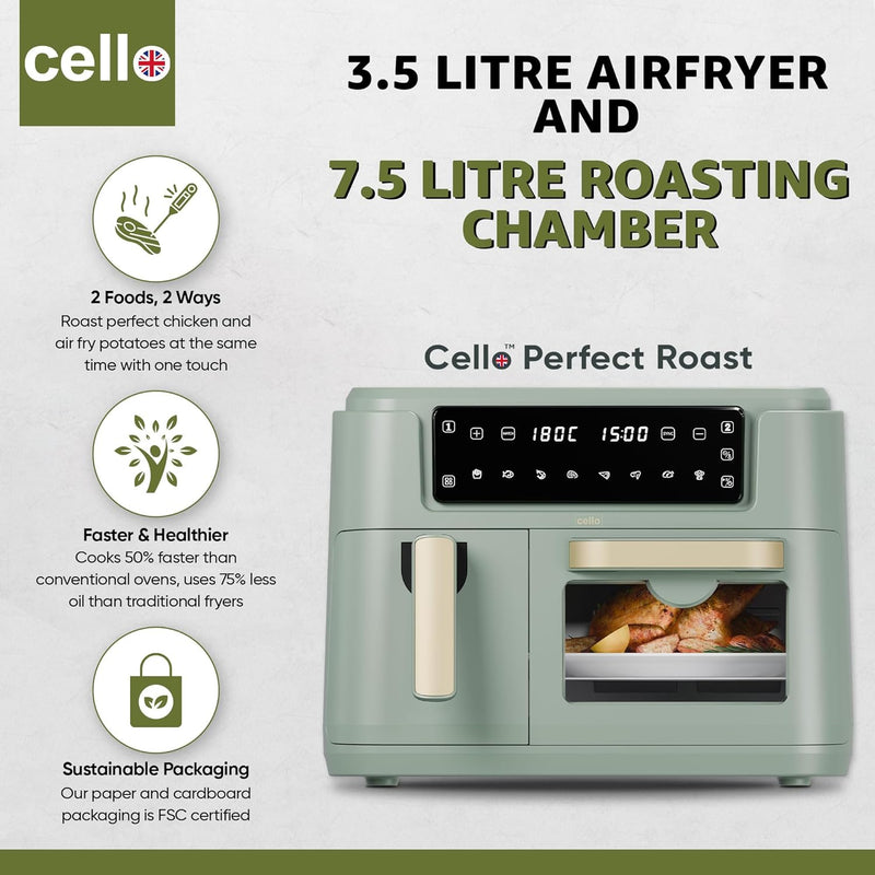 Cello 11 Litre 2-in-1 Double Basket Air Fryer & Oven - Sage Green