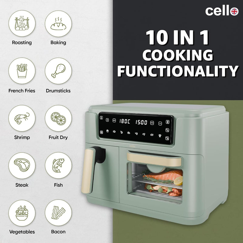 Cello 11 Litre 2-in-1 Double Basket Air Fryer & Oven - Sage Green