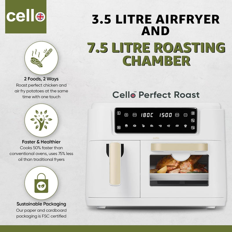 Cello 11 Litre 2-in-1 Double Basket Air Fryer & Oven - White