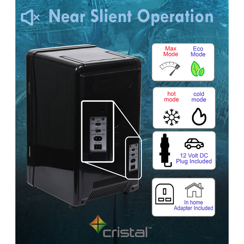 Cristal 16L Compact Cooler (Mini Fridge Style) with Built-in 12V Adapter - Black