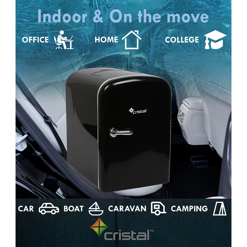 Cristal 4L Compact Cooler (Mini Fridge Style) with Built-in 12V Adapter - Black