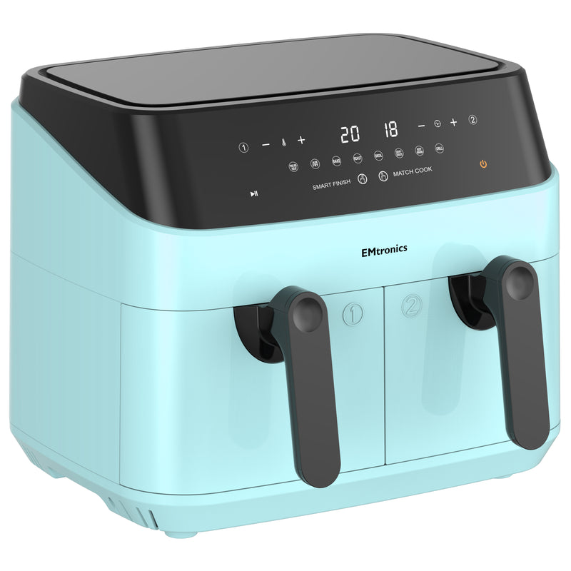 EMtronics Double Basket Air Fryer 9 Litre with 99 Minute Timer - Aqua