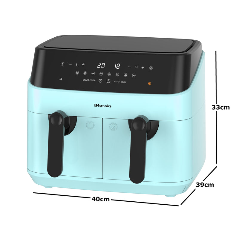 EMtronics Double Basket Air Fryer 9 Litre with 99 Minute Timer - Aqua