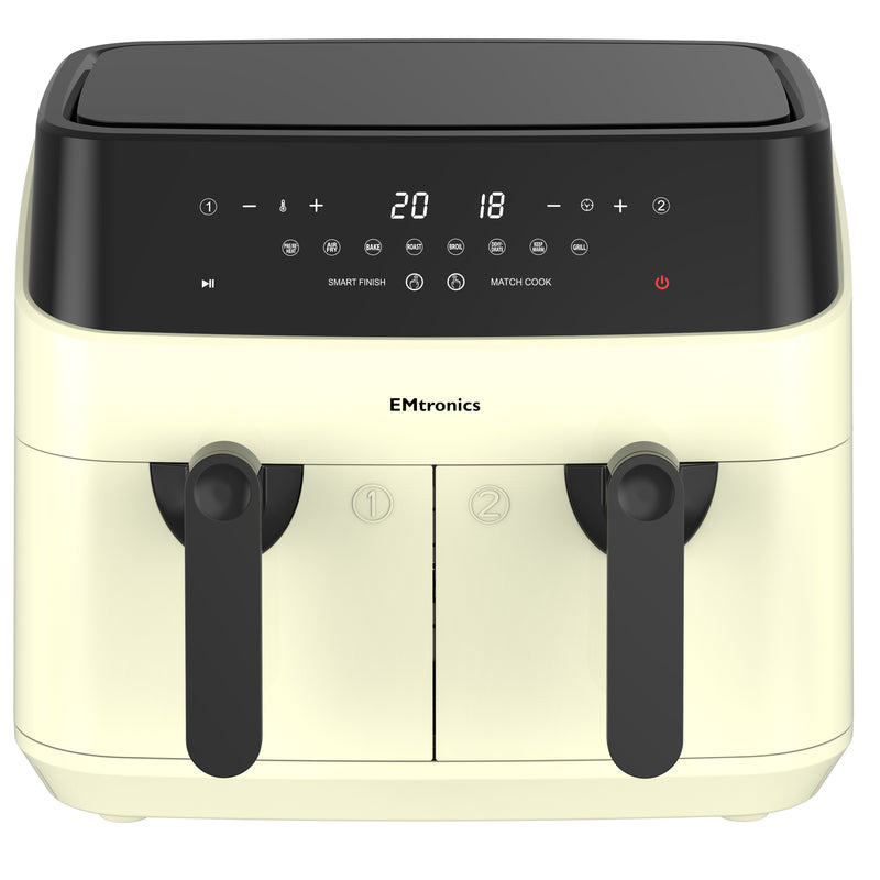 EMtronics Double Basket Air Fryer 9 Litre with 99 Minute Timer - Cream