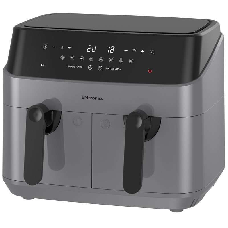 EMtronics Double Basket Air Fryer 9 Litre with 99 Minute Timer - Grey