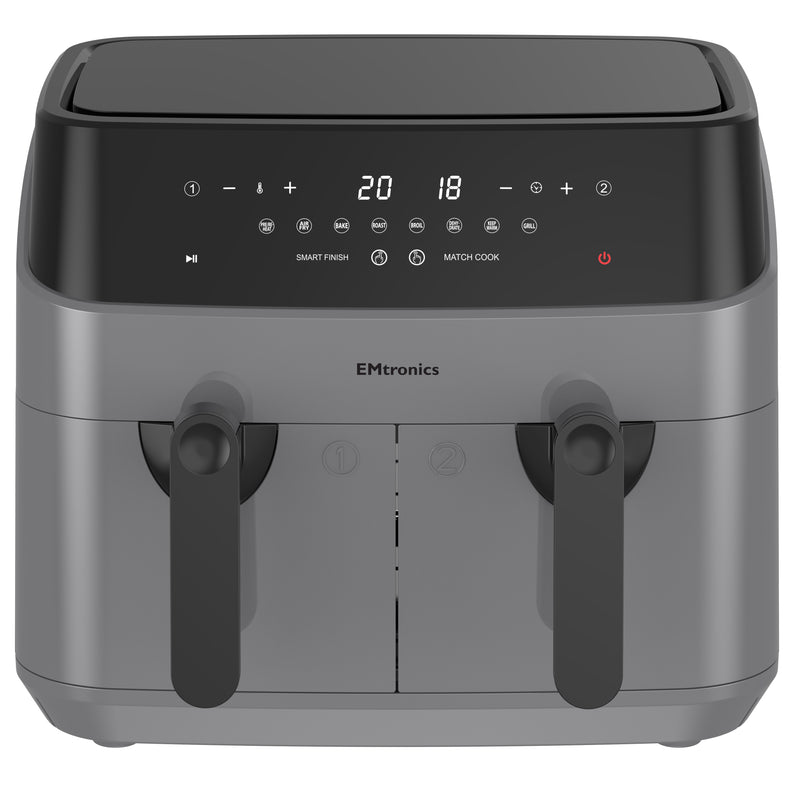 EMtronics Double Basket Air Fryer 9 Litre with 99 Minute Timer - Grey