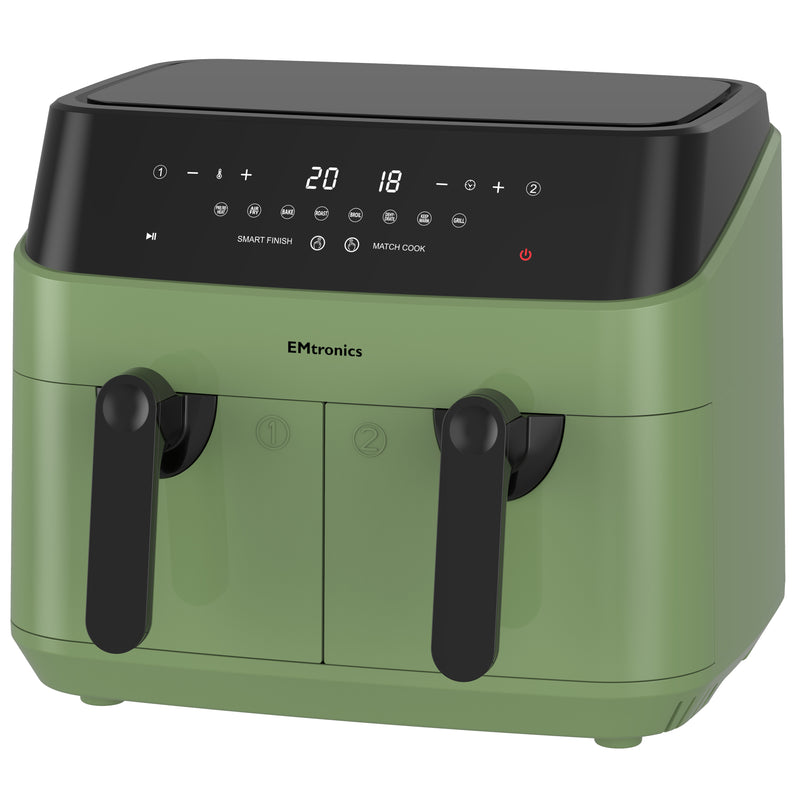 EMtronics Double Basket Air Fryer 9 Litre with 99 Minute Timer - Sage Green