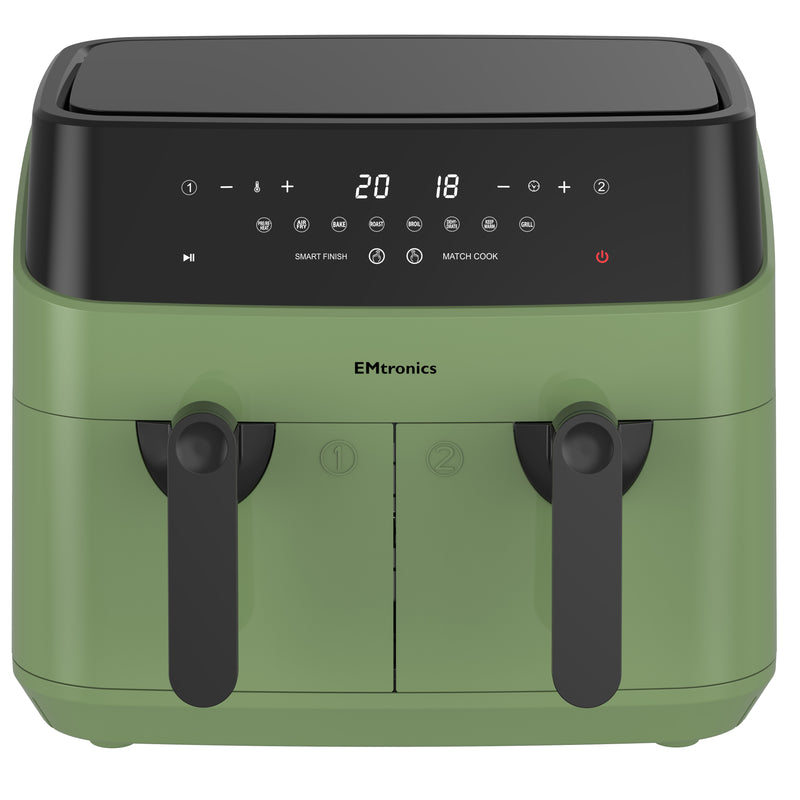 EMtronics Double Basket Air Fryer 9 Litre with 99 Minute Timer - Sage Green