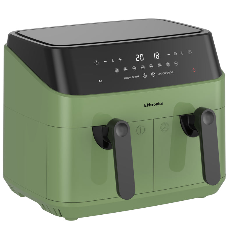 EMtronics Double Basket Air Fryer 9 Litre with 99 Minute Timer - Sage Green