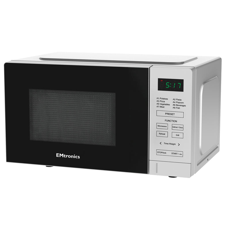 EMtronics 20 Litre Silver 700W Microwave With 800W Grill, Timer and Preset Menu