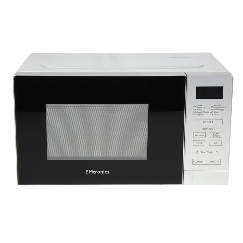 EMtronics 20 Litre Silver 700W Microwave With 800W Grill, Timer and Preset Menu