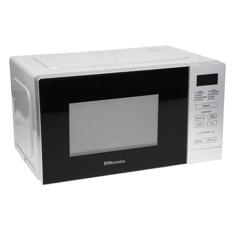 EMtronics 20 Litre Silver 700W Microwave With 800W Grill, Timer and Preset Menu