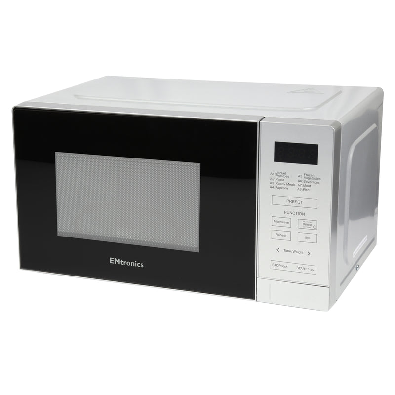 EMtronics 20 Litre Silver 700W Microwave With 800W Grill, Timer and Preset Menu