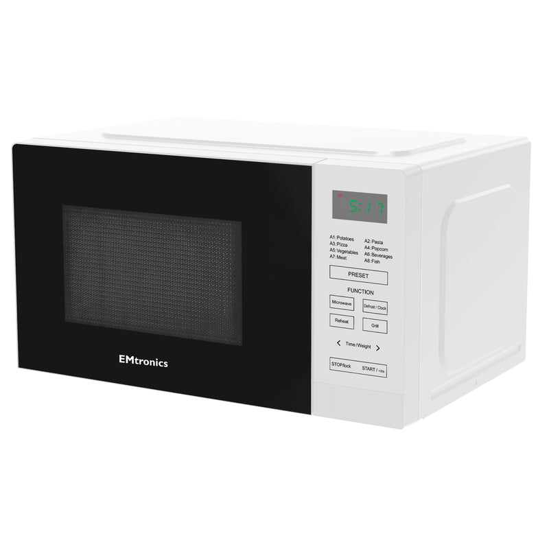 EMtronics 20 Litre White 700W Microwave With 800W Grill, Timer and Preset Menu