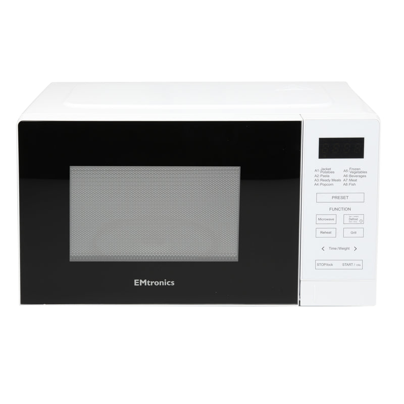 EMtronics 20 Litre White 700W Microwave With 800W Grill, Timer and Preset Menu