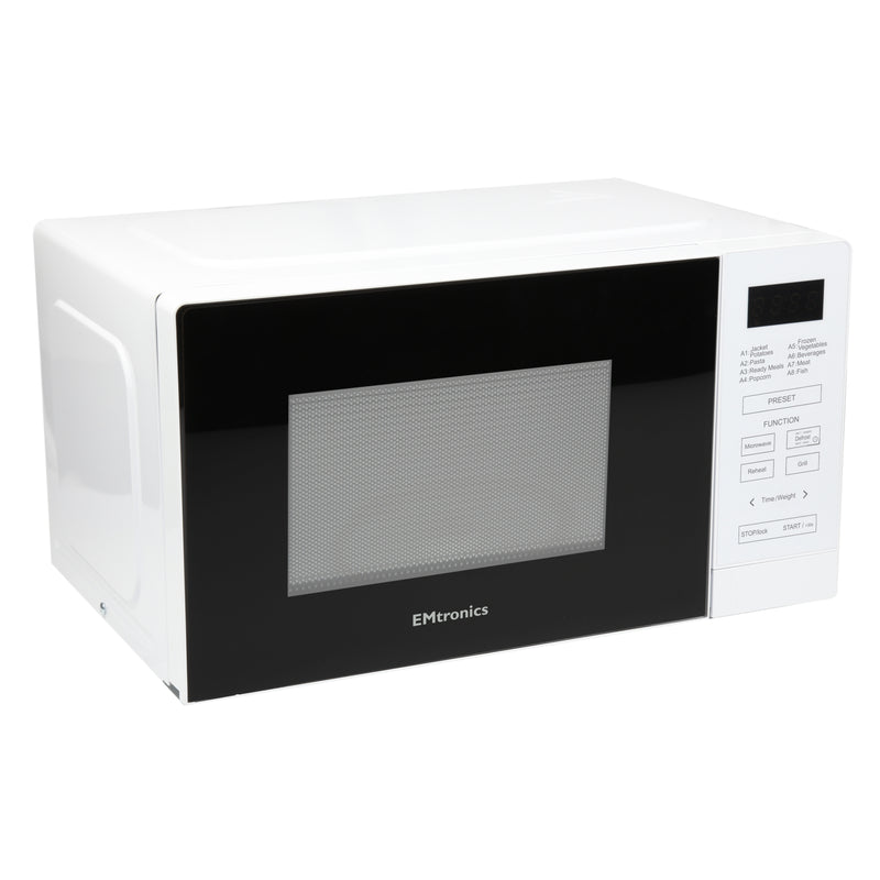 EMtronics 20 Litre White 700W Microwave With 800W Grill, Timer and Preset Menu