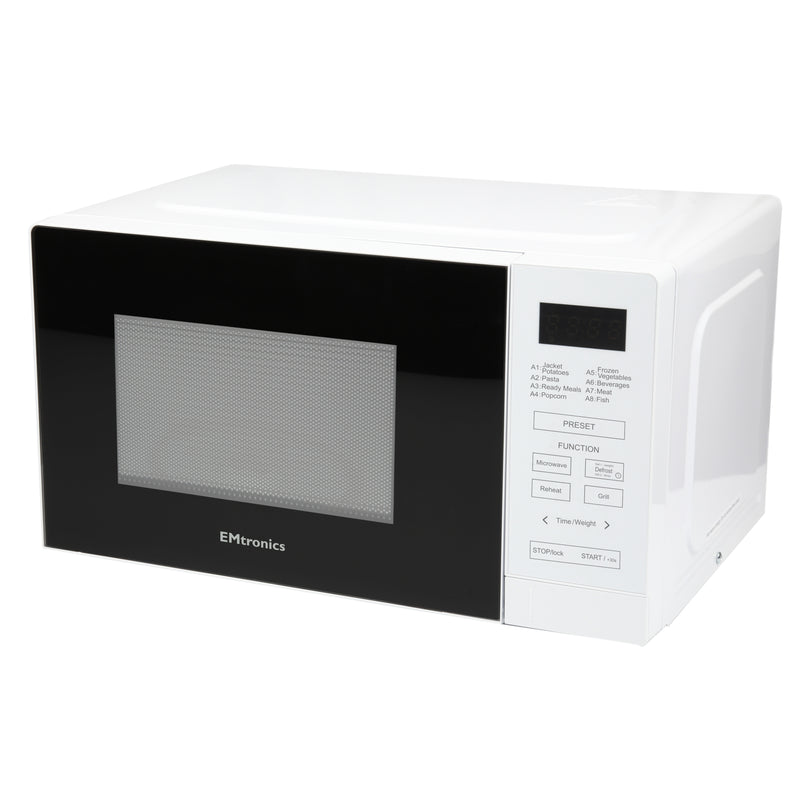 EMtronics 20 Litre White 700W Microwave With 800W Grill, Timer and Preset Menu