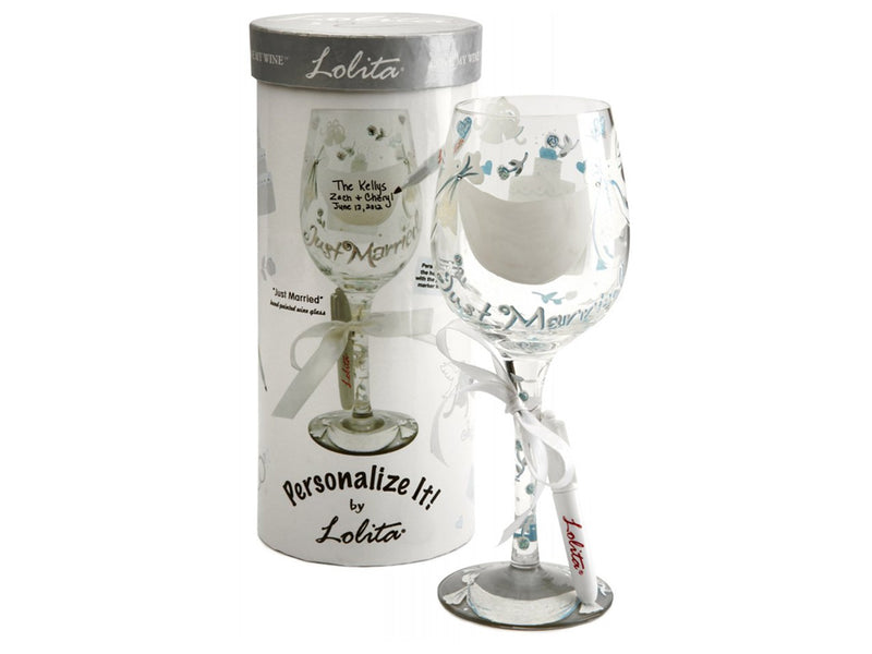 Lolita "Just Married" Hand Decorated Wine Glass with Pen to Personalise