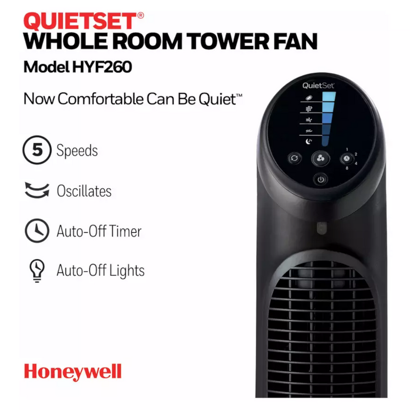 Honeywell HYF260BE Quietset 32" Inch Oscillating Tower Fan, 5 Speeds - Black