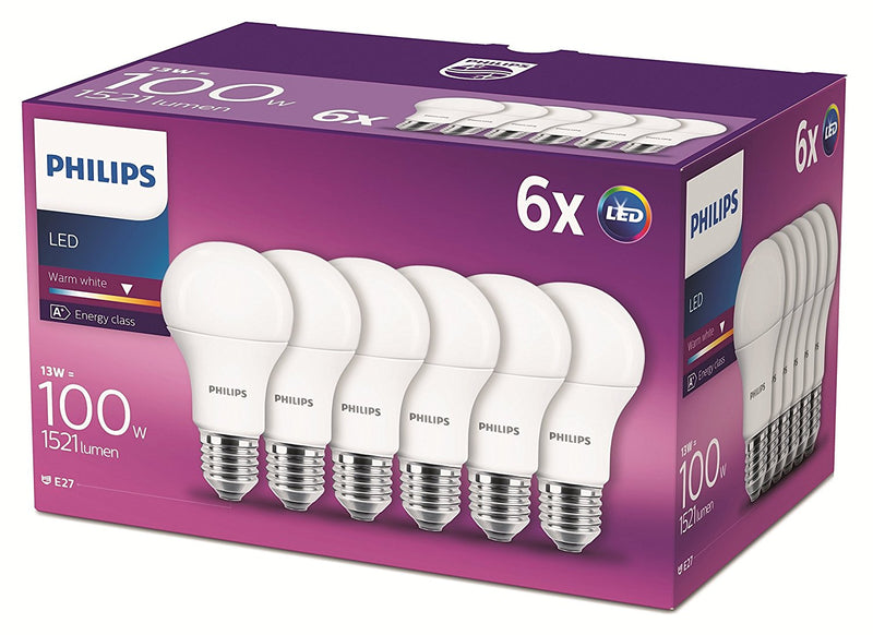 6 Pack Philips 13 - 100W Frosted E27 Edison LED Bulb 1521lm - Warm White