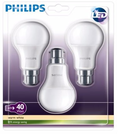 3 x Philips B22 Bayonet Cap 6W LED Light Bulb - 470Lm